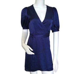 Aritzia Wilfred lune navy satiny short sleeve mini wrap dress Sz XS